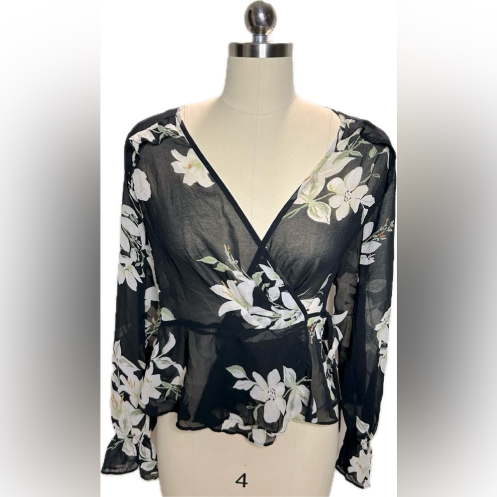 Forever 21- Sheer wrap blouse in black with floral print. Small.